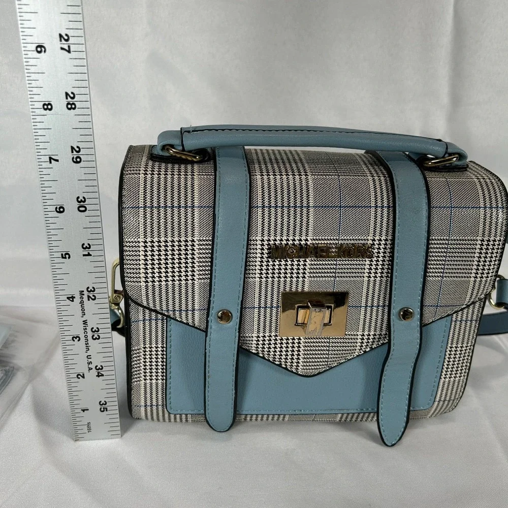 Michael Kors Glen Plaid Satchel Crossbody Bag Light Blue Gold W/Handle & Strap